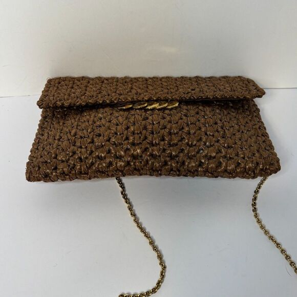 RODO Vintage Brown Designer Straw Woven Clutch Purse Chain Strap Womens - Picture 4 of 9